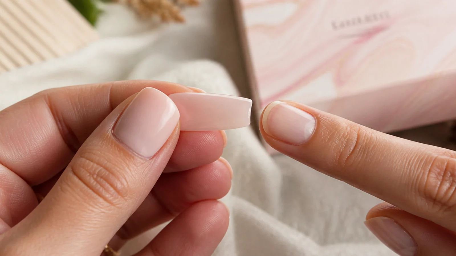 A coffin press-on tip held against a natural nail showing the sidewall-to-sidewall fit