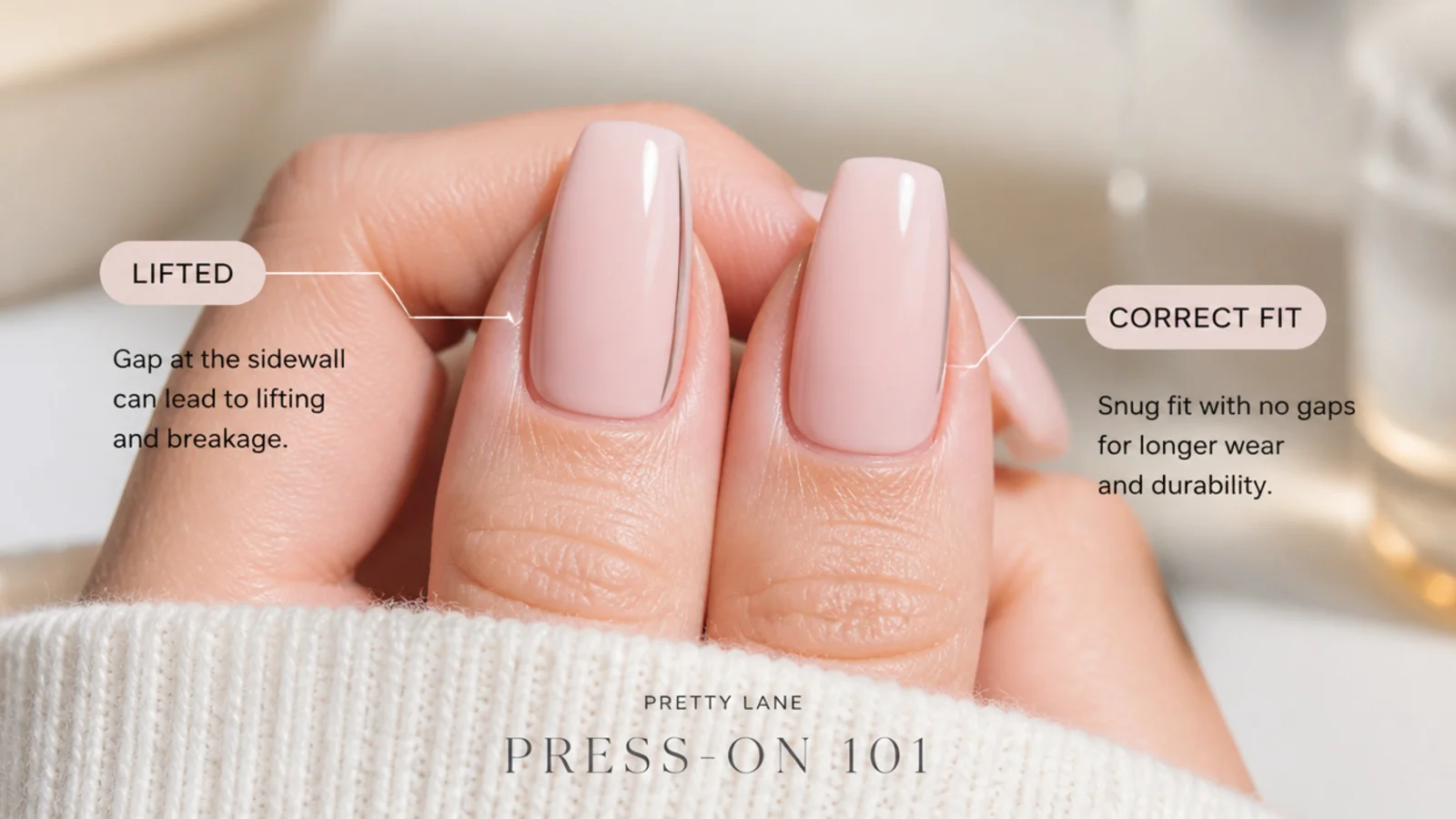 A lifted coffin press-on nail showing a gap at the sidewall next to a correctly fitted tip