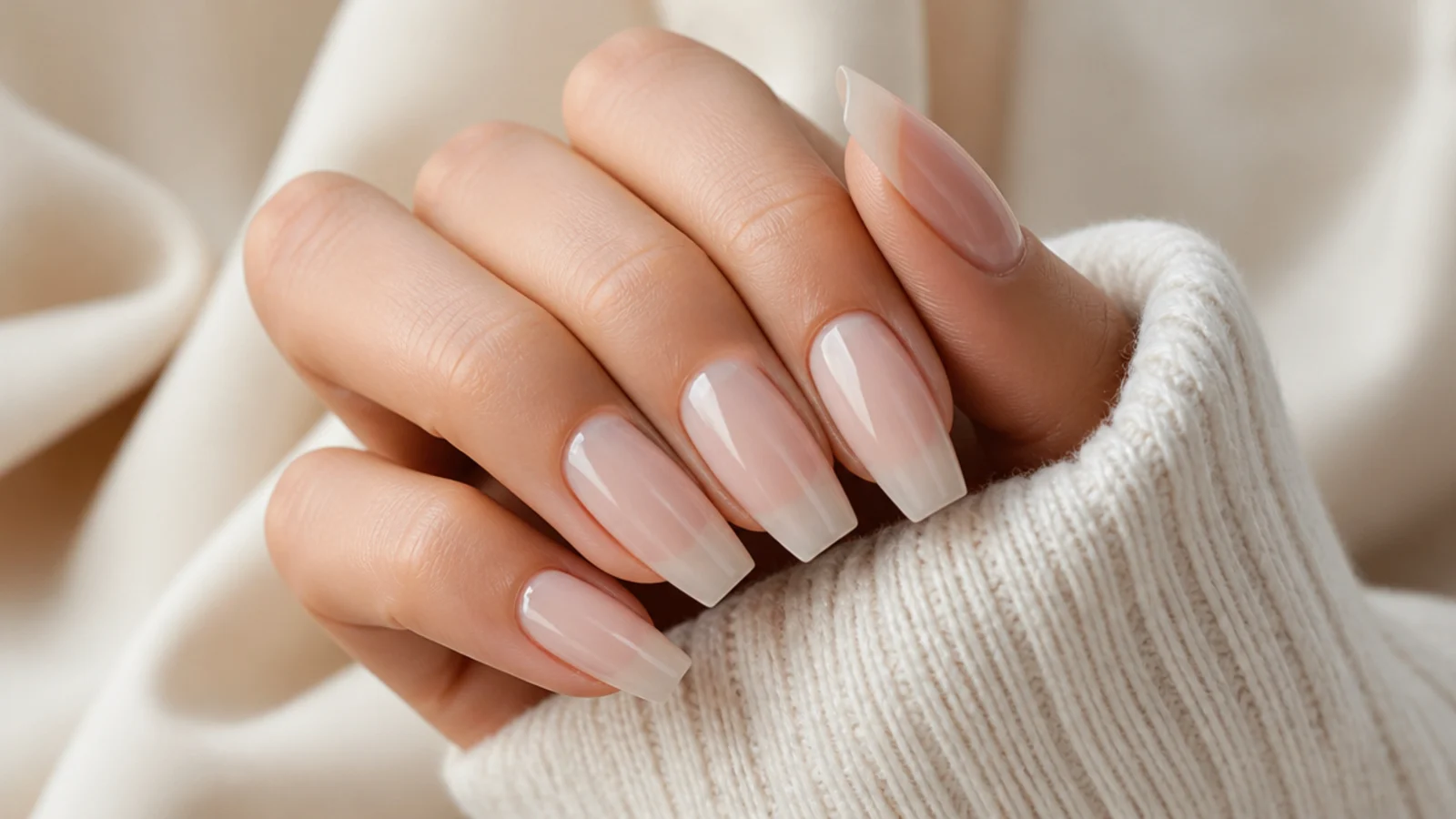 Milky nude coffin nails with a soft translucent finish on medium length