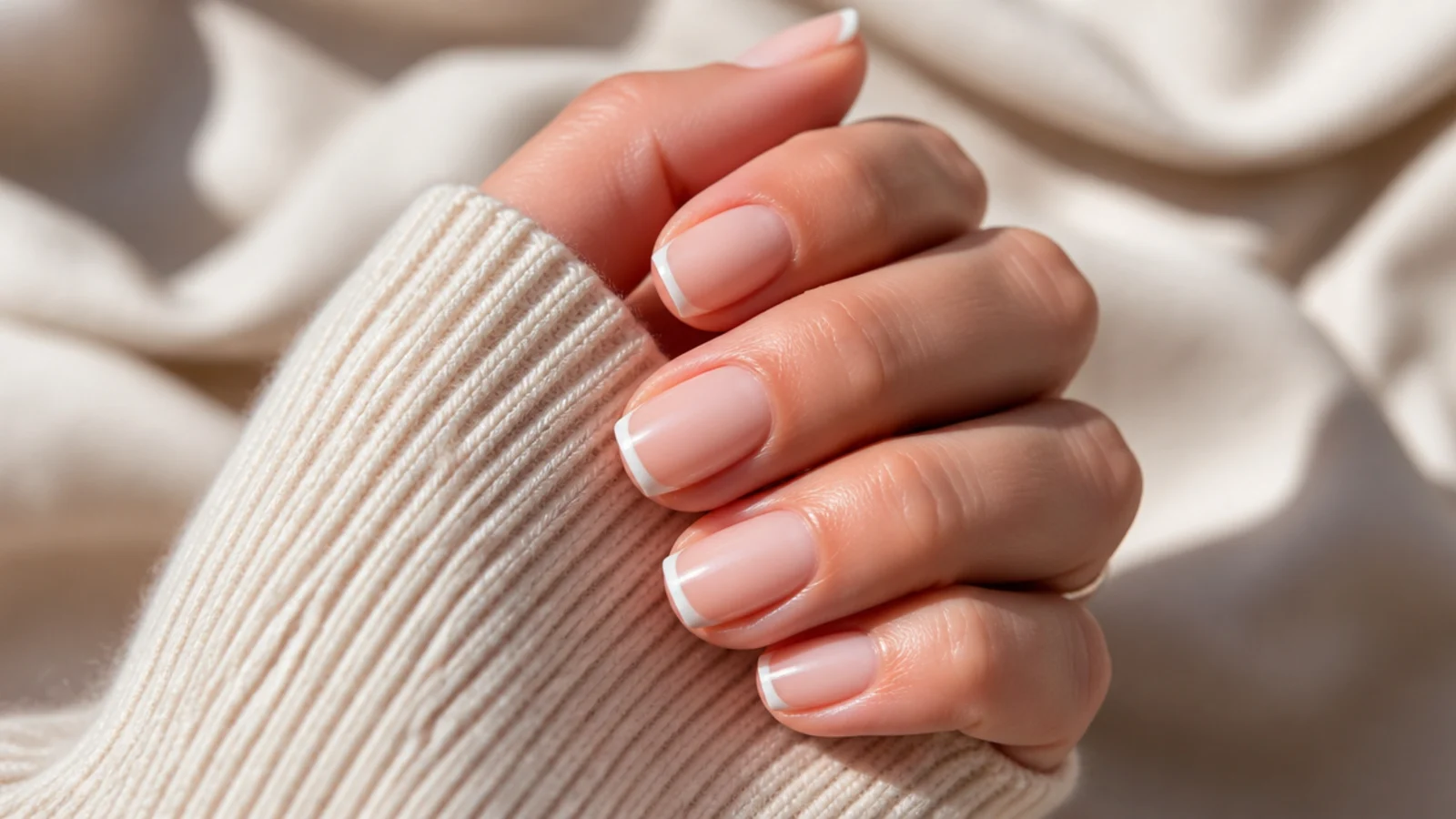 Short coffin nails with a hairline micro French tip in white on a bare base