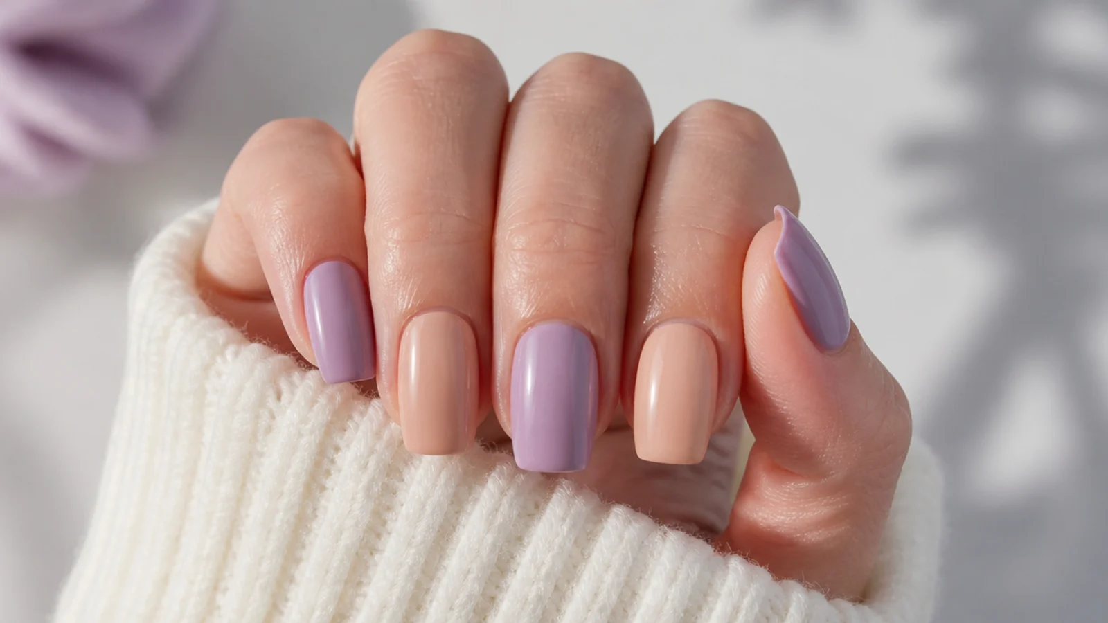 Alternating soft lavender and nude coffin nails on short length
