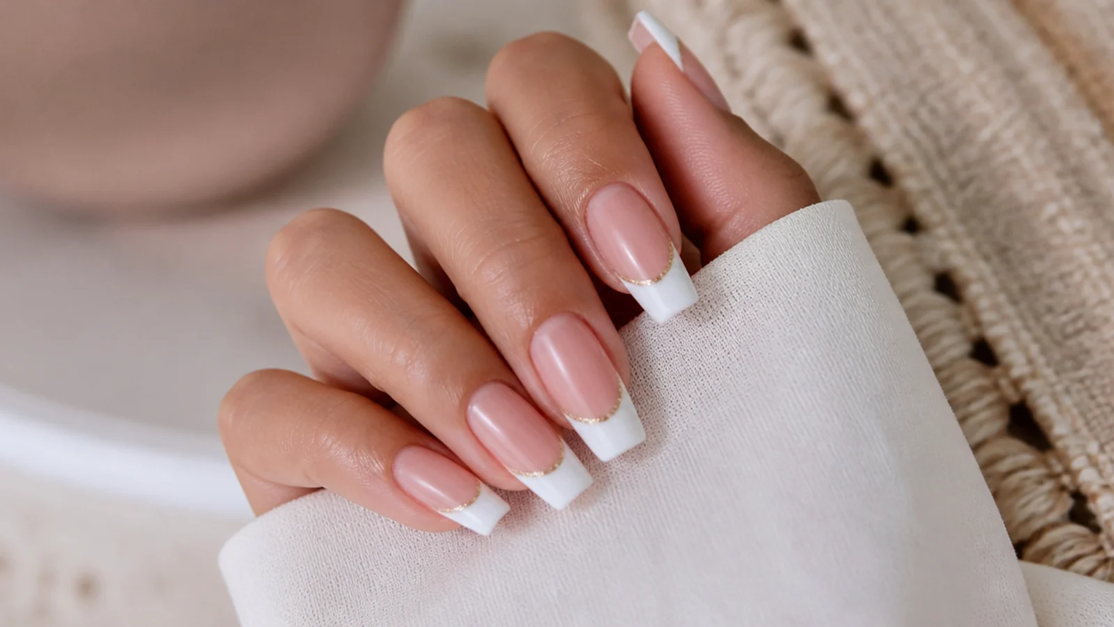 Coffin nails with a fine gold glitter line above a white French tip