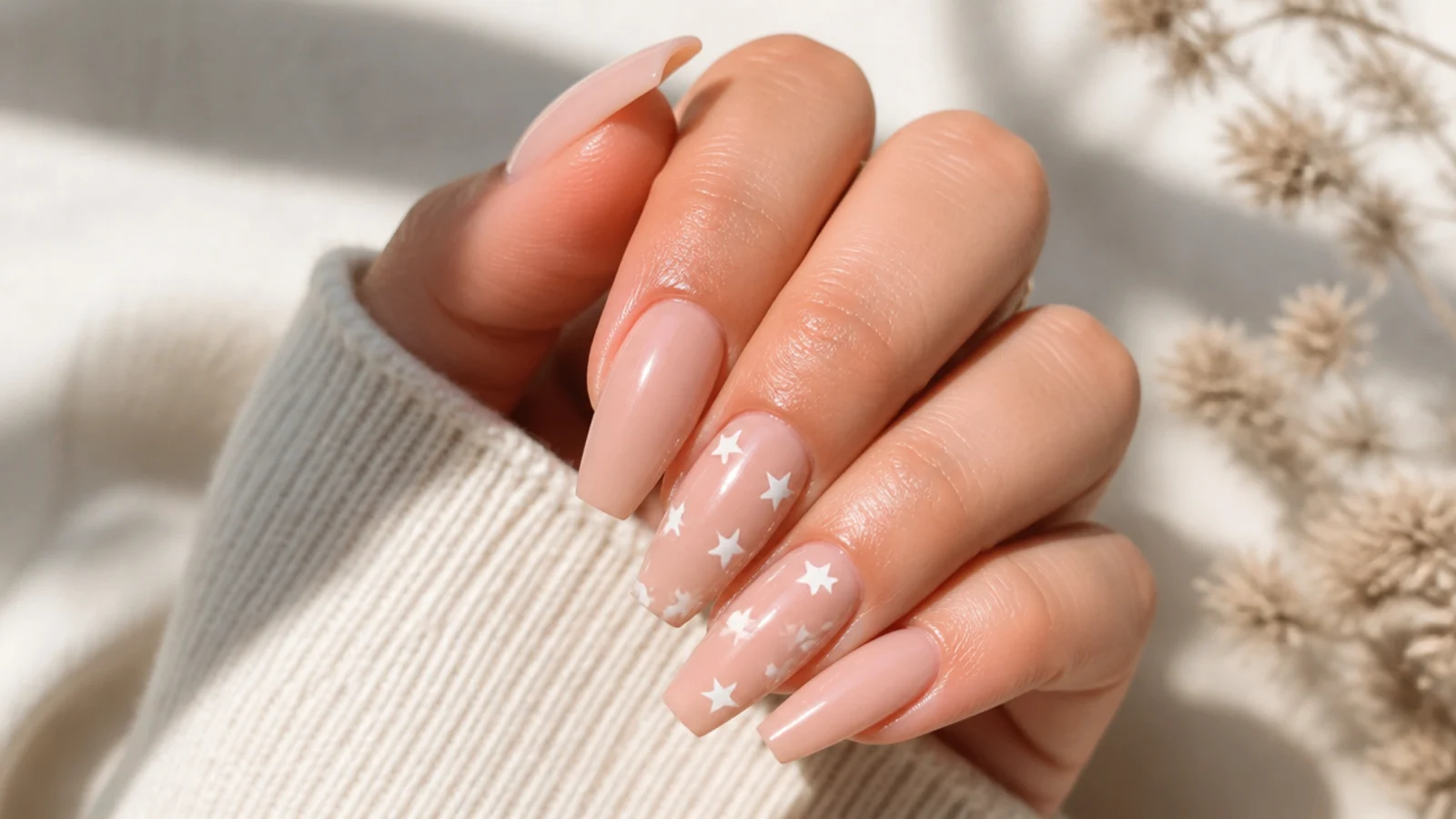 Nude coffin nails with tiny hand-painted white five-point stars scattered on two nails