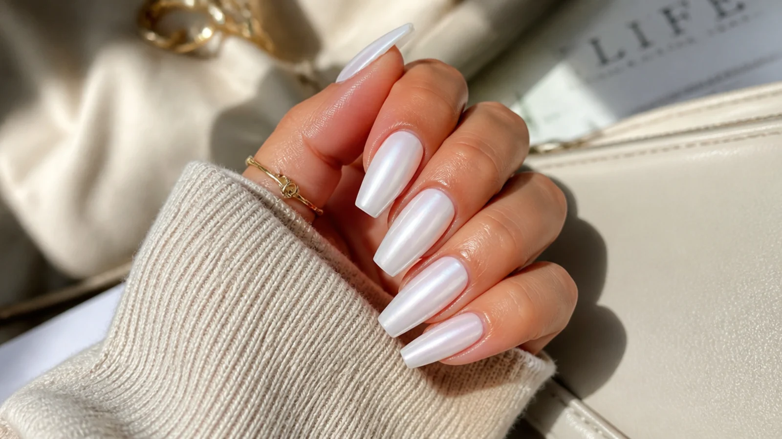Pearl white chrome coffin nails with a soft glazed mirror finish