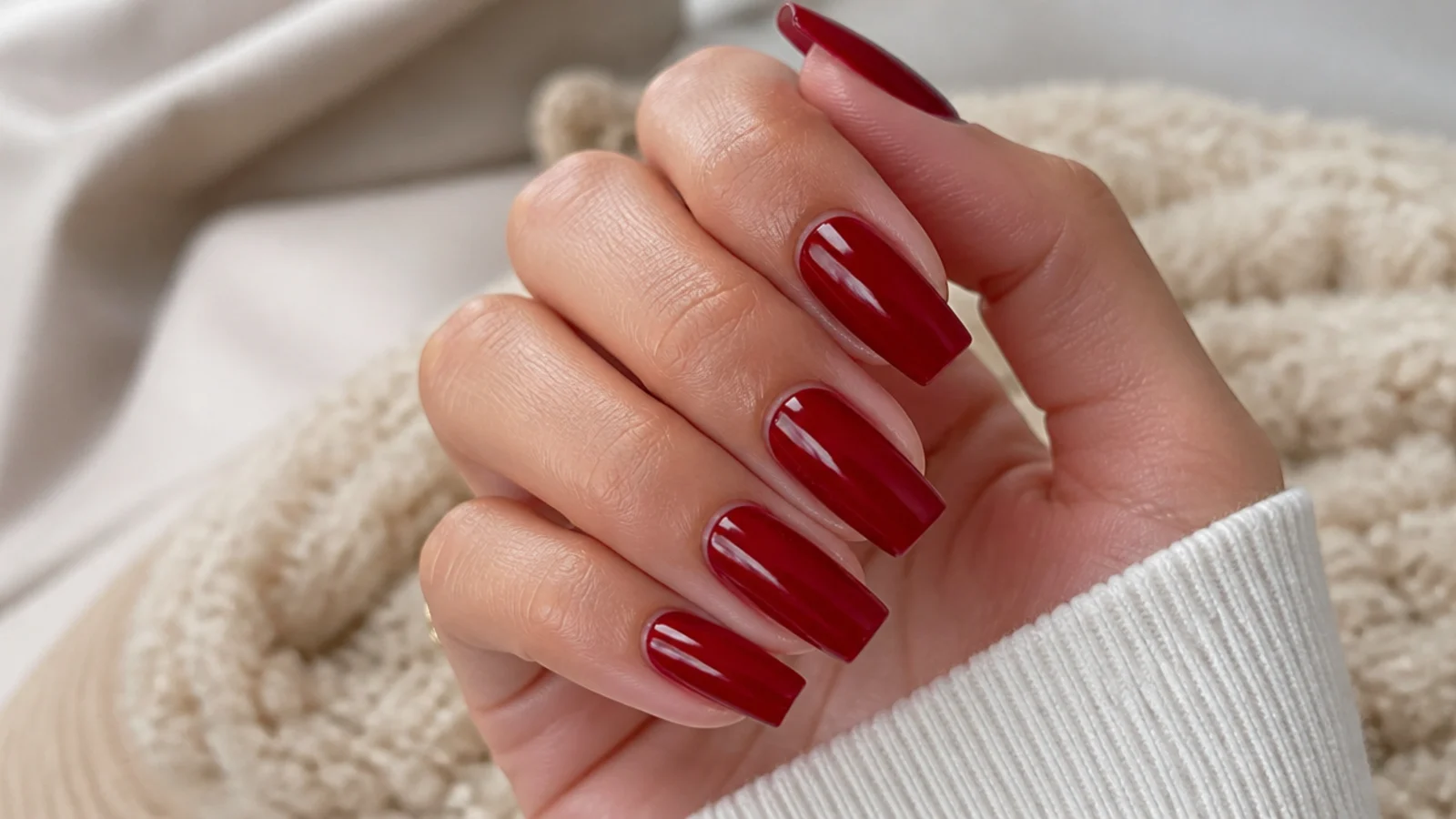 Glossy cherry red coffin nails at medium length with a high-shine finish