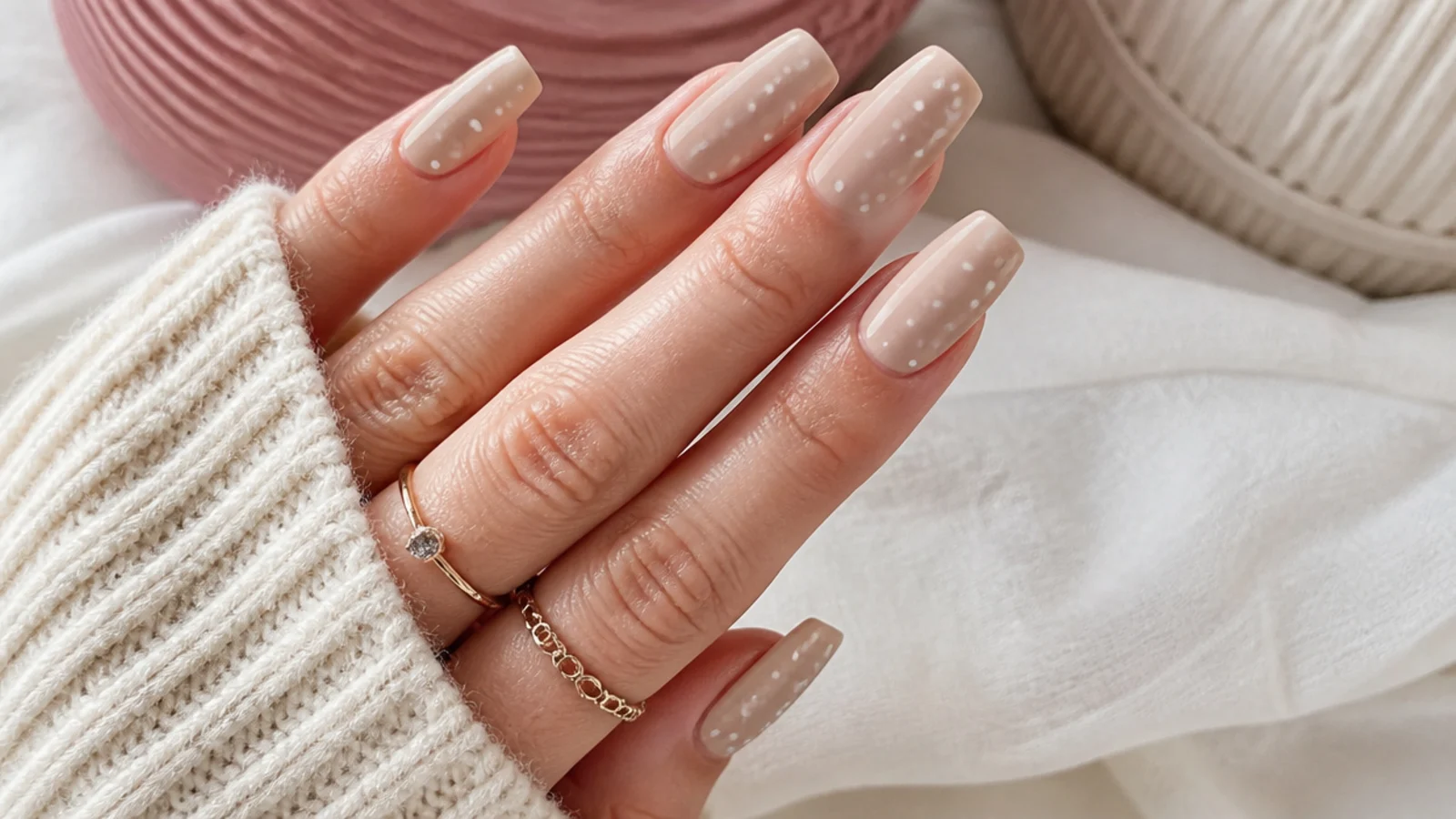 Beige coffin nails with a scattered pattern of tiny white dots