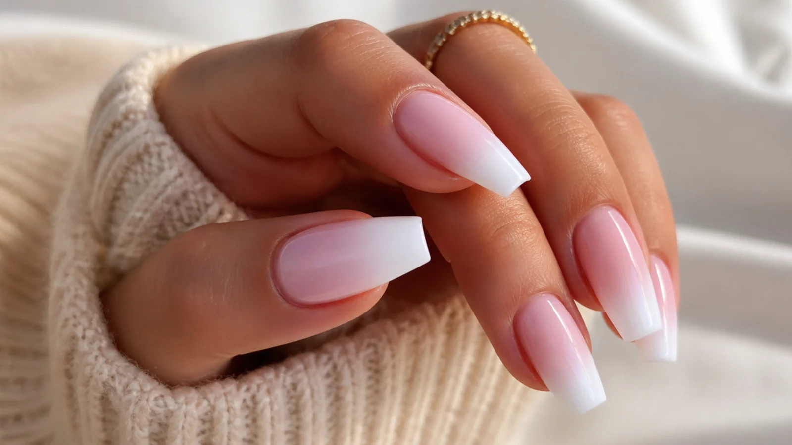 Baby pink to white ombre coffin nails blended from cuticle to tip