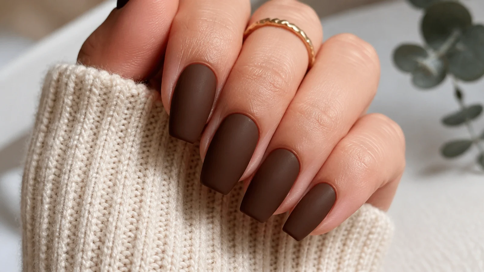 Matte chocolate brown coffin nails with a velvety flat finish on short length