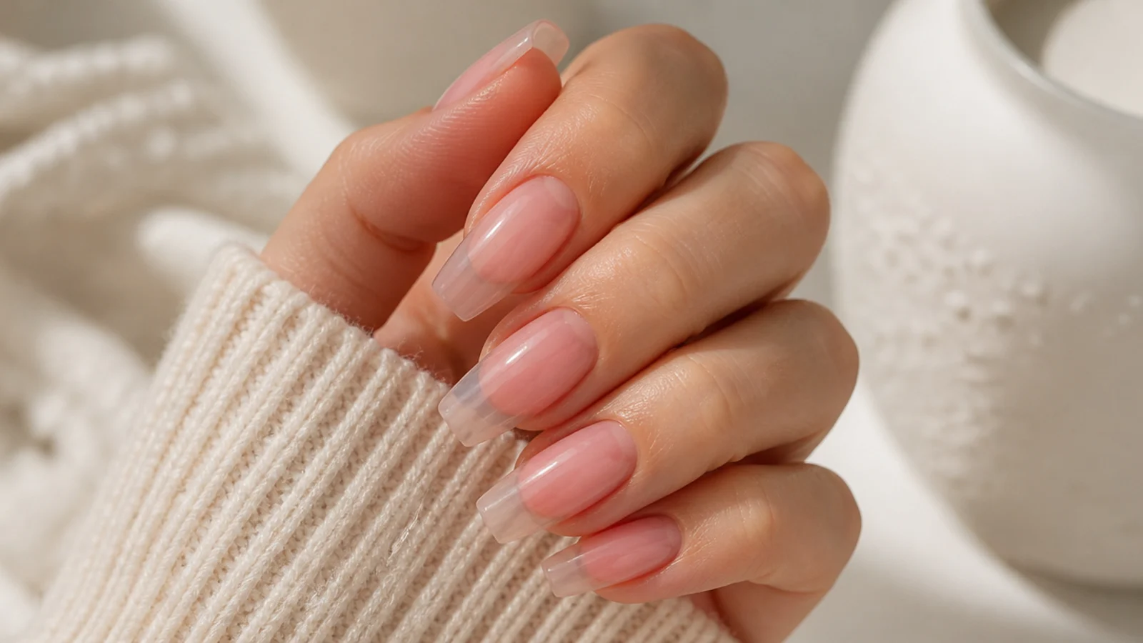Sheer jelly coffin nails in translucent pink showing the natural nail through the tip