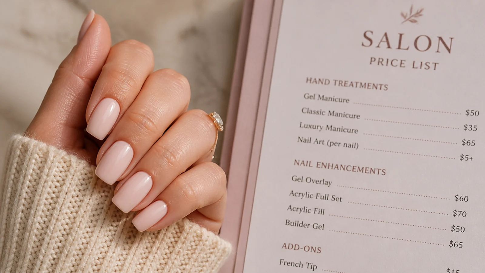 A short coffin gel manicure in milky nude beside a salon price list
