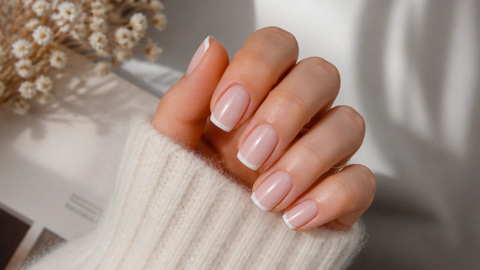 Short milky nude coffin nails with a thin white French tip on a tapered flat edge