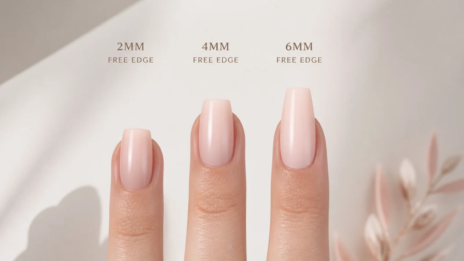 Three coffin nails side by side at 2mm, 4mm and 6mm free edge showing the taper