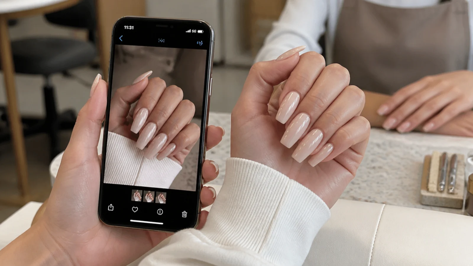 A saved phone photo of milky nude coffin nails held up beside a hand at a nail salon