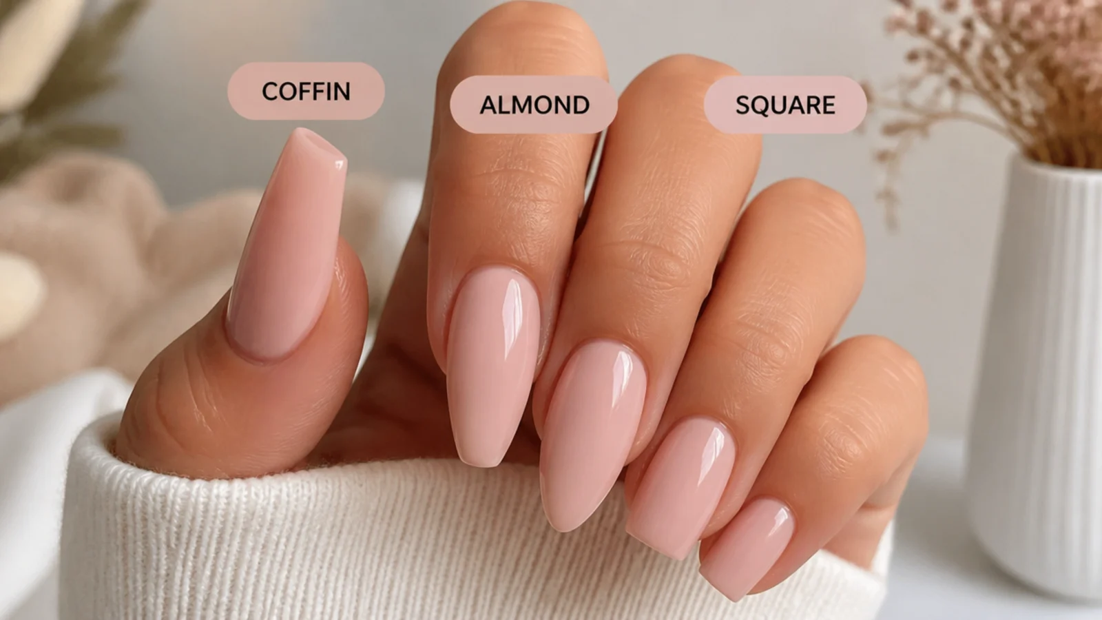 Coffin, almond and square nail shapes filed side by side for comparison