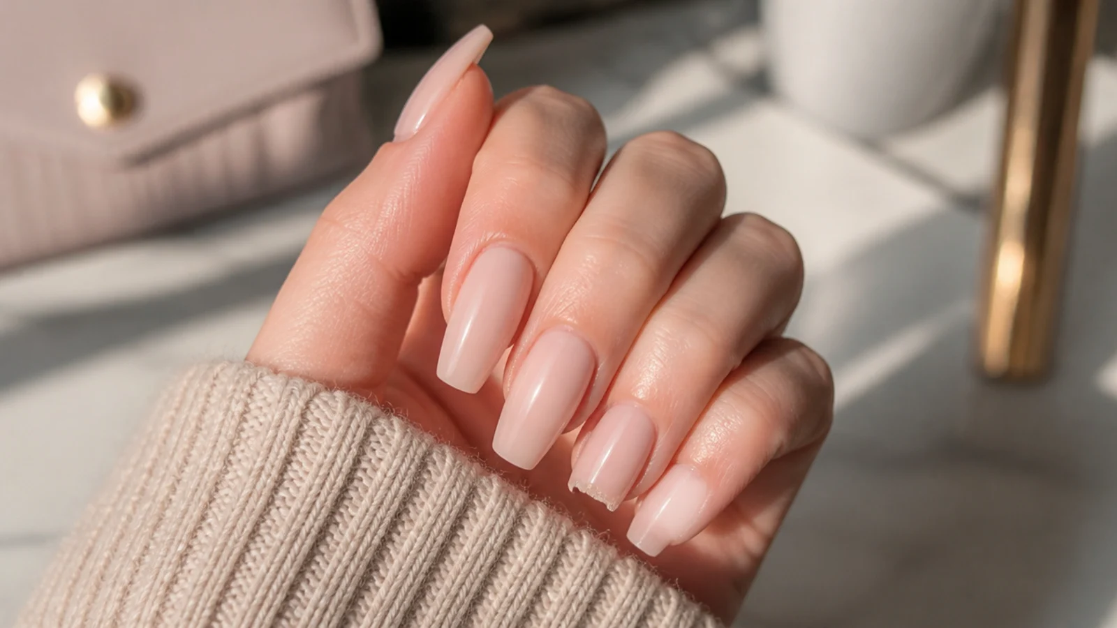 A worn coffin manicure showing a chipped corner at the flat tip after two weeks