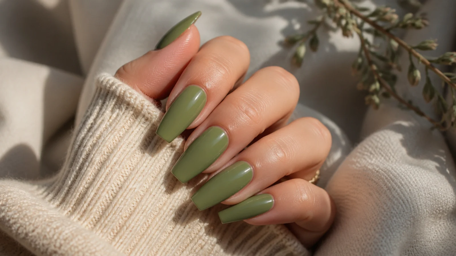 Coffin nails in muted olive green with a soft glossy finish for September
