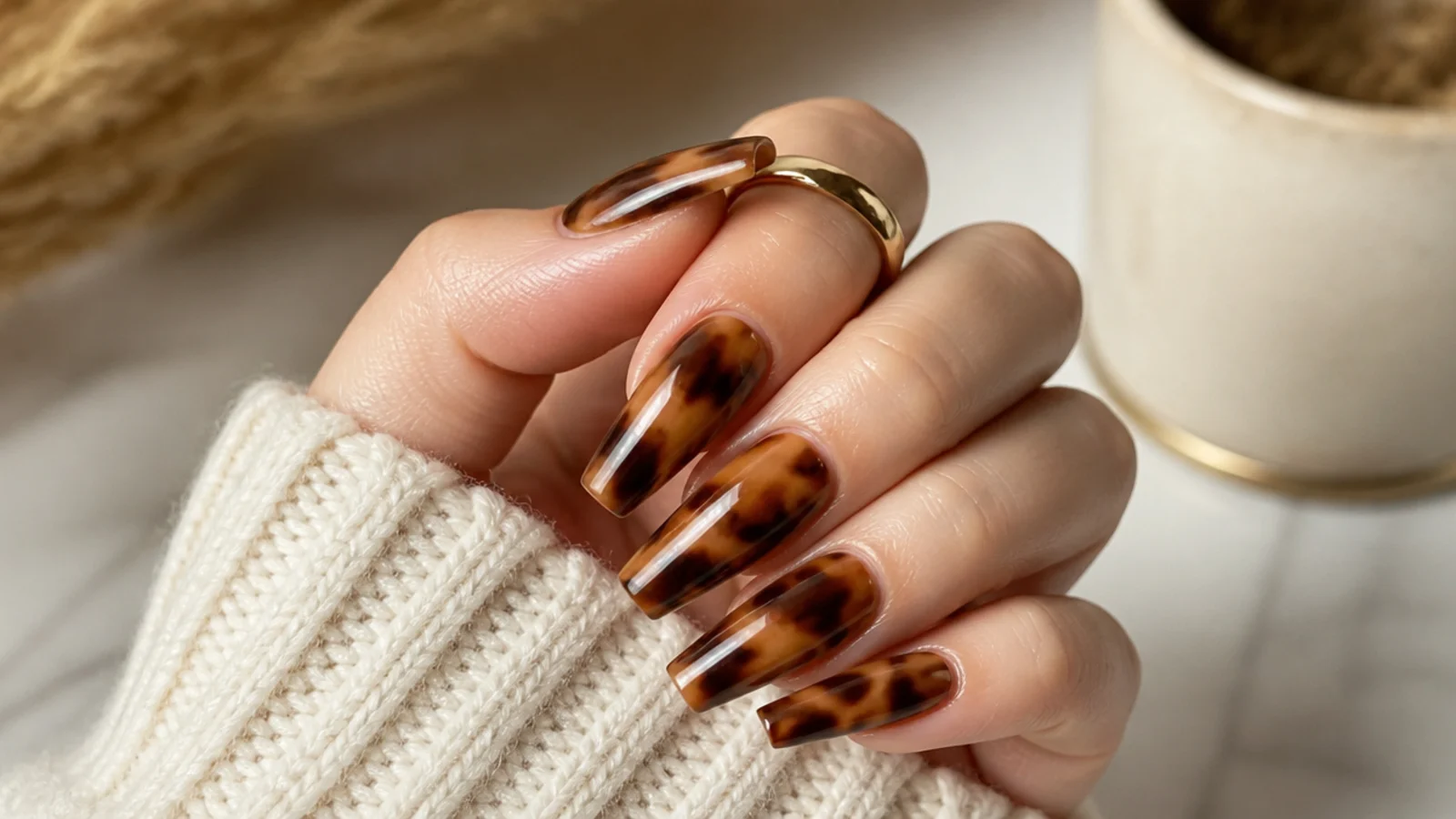 Tortoiseshell coffin nails with amber and espresso marbling over a caramel base