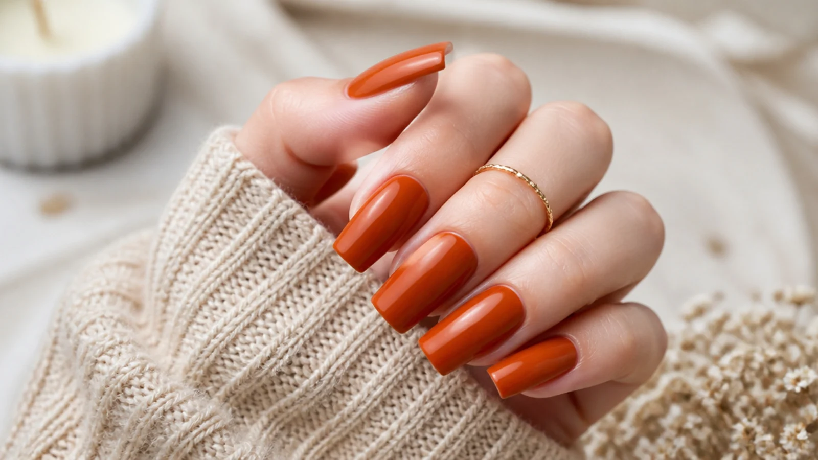 Burnt rust orange coffin nails with a creamy opaque finish for early autumn