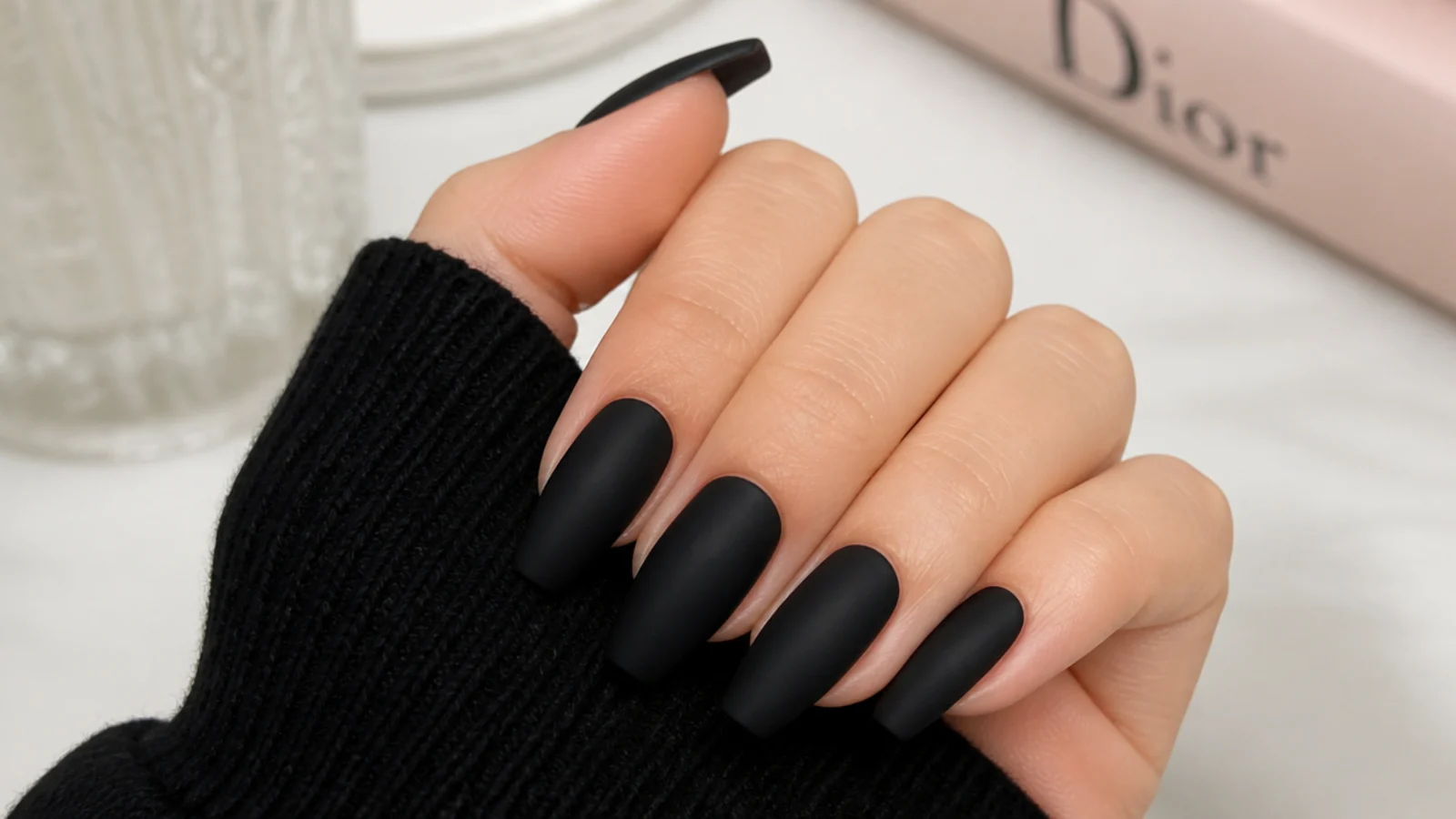 Matte black coffin nails with a velvet flat finish for October