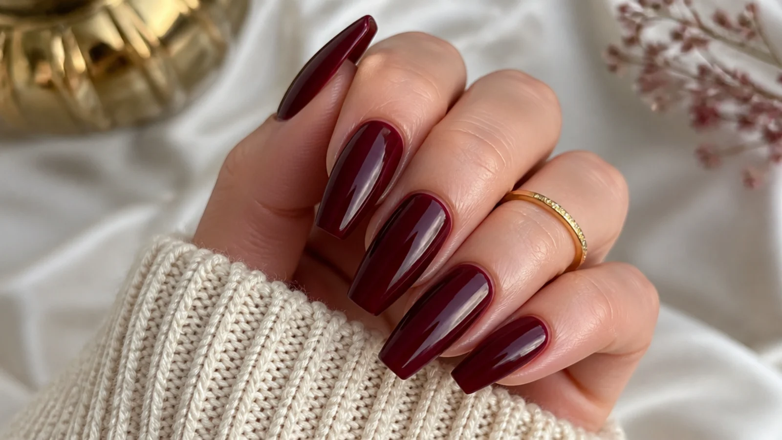 Deep burgundy wine coffin nails with a high gloss finish