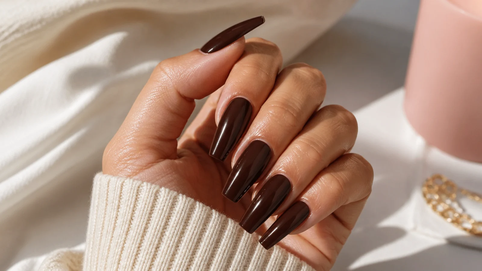Espresso dark brown coffin nails with a glossy chocolate finish