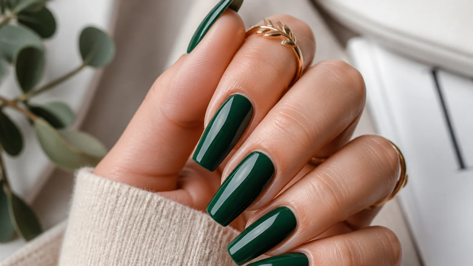 Deep emerald green coffin nails with a jewel tone glossy finish