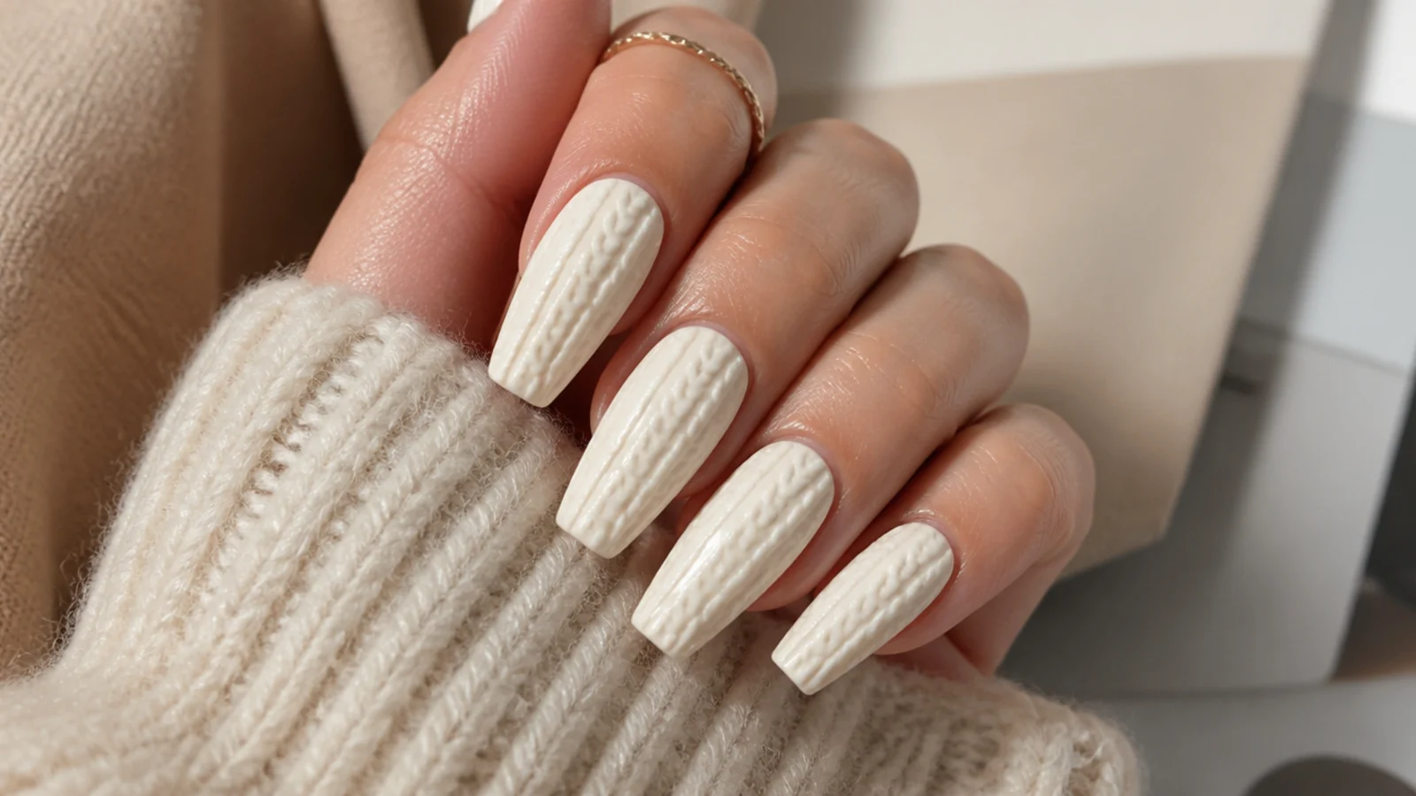 Cream coffin nails with raised 3D cable knit sweater texture