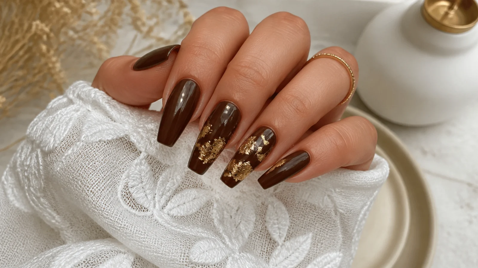 Espresso brown coffin nails with torn gold leaf foil accents