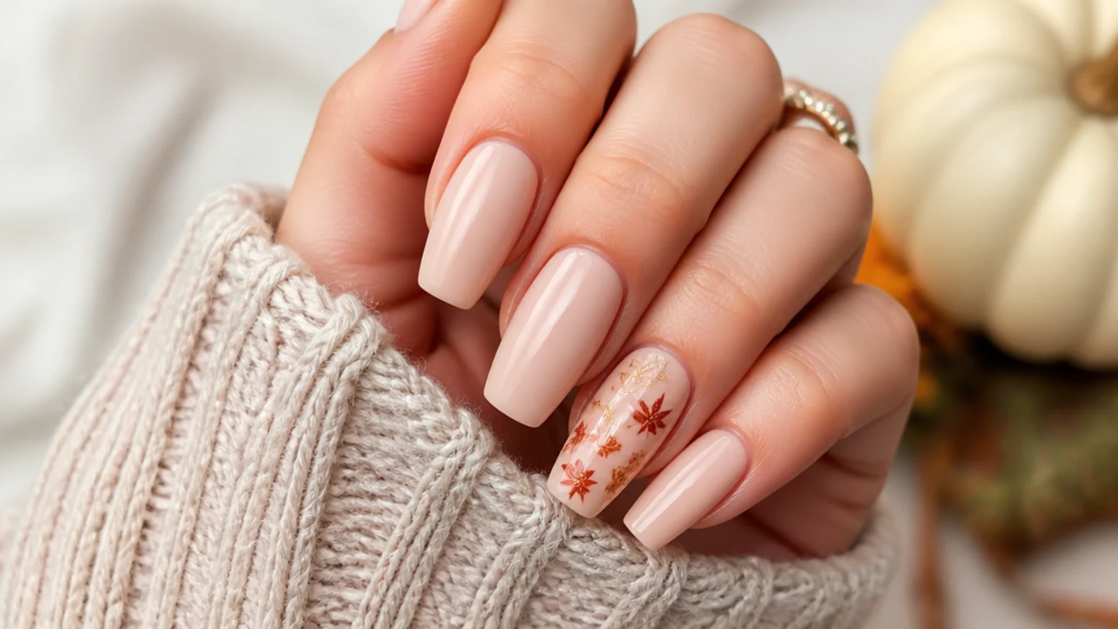 Nude coffin nails with tiny hand-painted rust and gold fall leaves on one accent nail