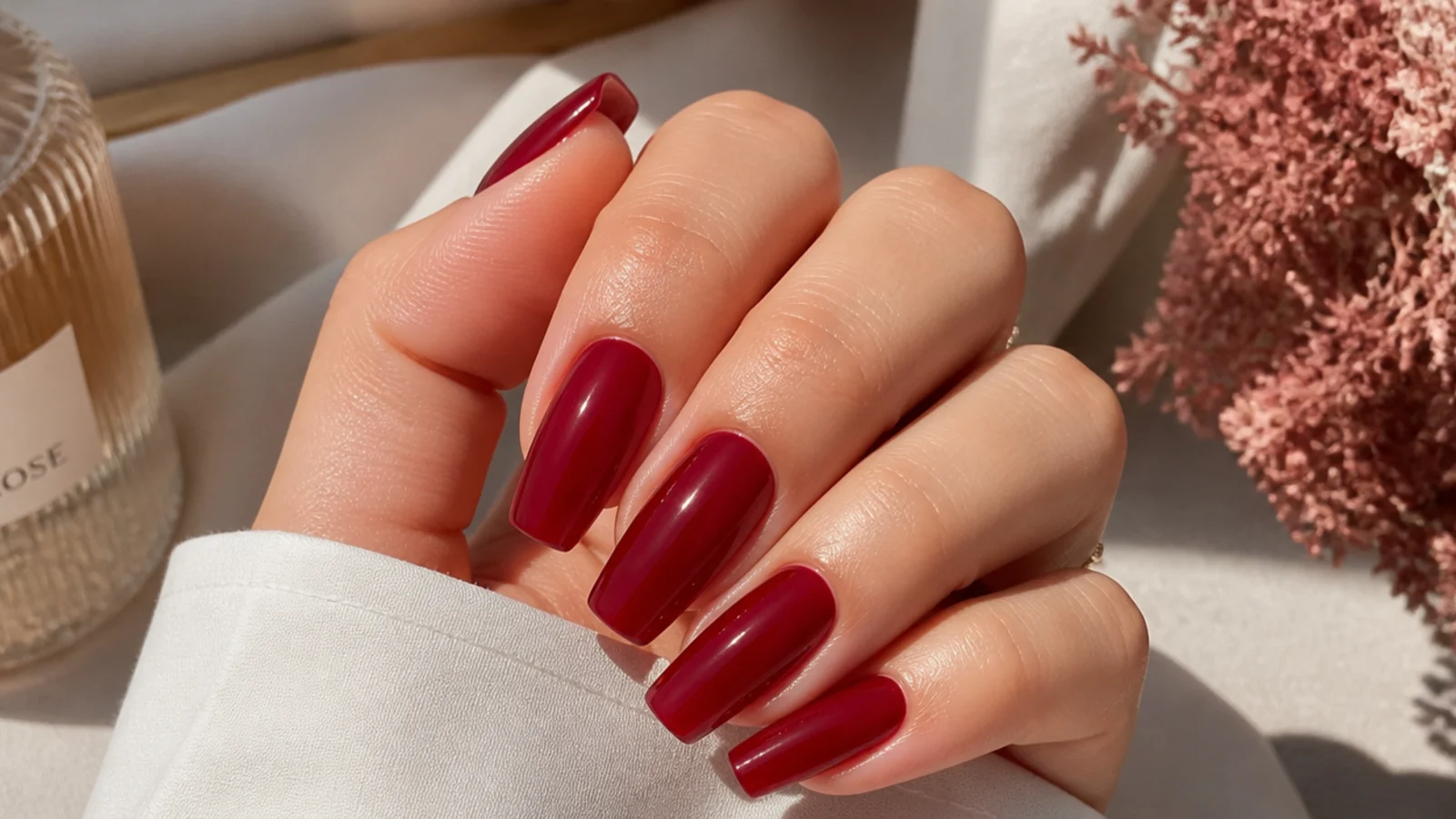 Translucent cranberry red jelly coffin nails with a glassy candy finish