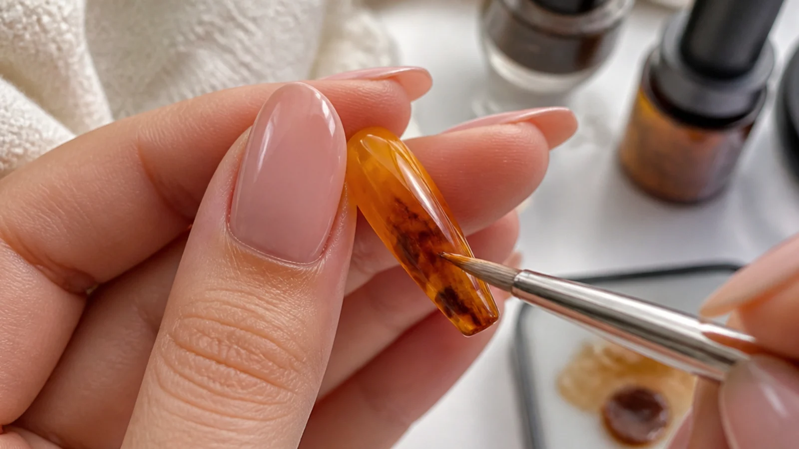 A fine brush swirling espresso brown gel into an amber base to create tortoiseshell on a coffin nail
