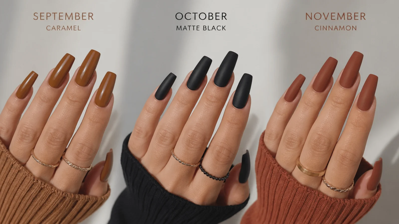 Three coffin nail sets side by side in caramel, matte black and cinnamon for each fall month