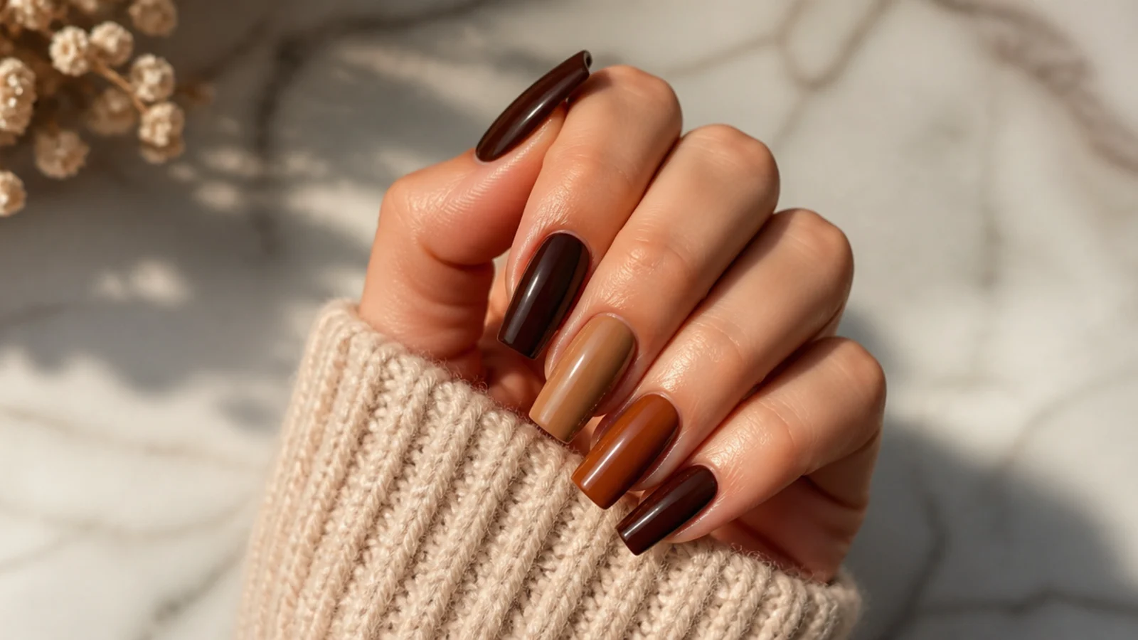 Medium coffin nails in warm caramel and espresso brown fall shades with a glossy finish