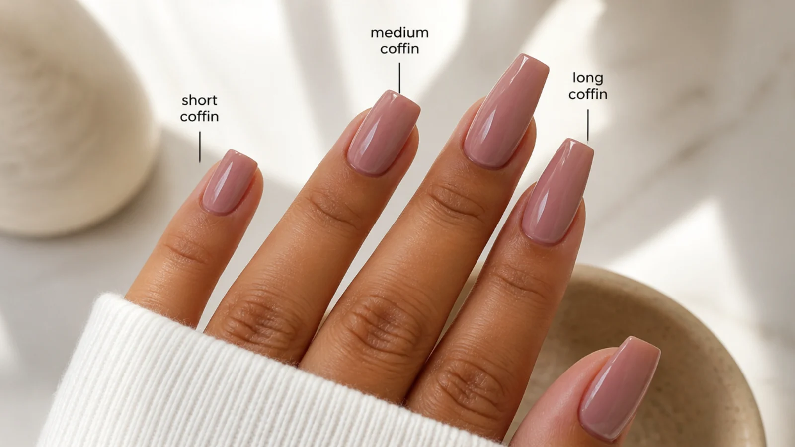 A medium length coffin nail beside a short and a long coffin nail showing the taper difference