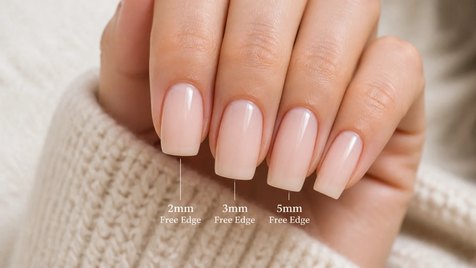 Three nails compared at 2mm, 3mm and 5mm free edge showing when the coffin taper appears