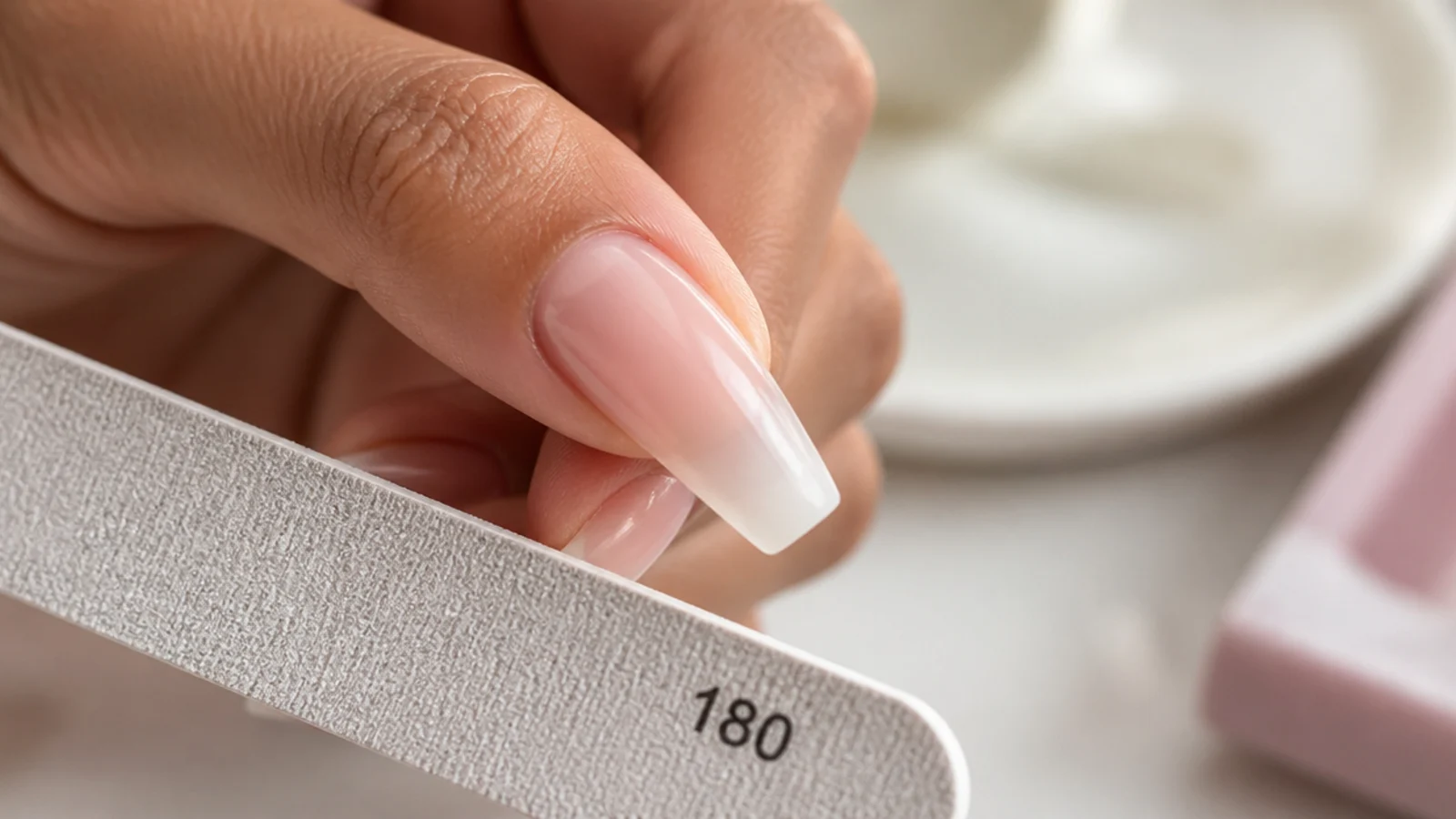 A 180 grit file tapering the sidewall of a coffin nail to a flat squared tip
