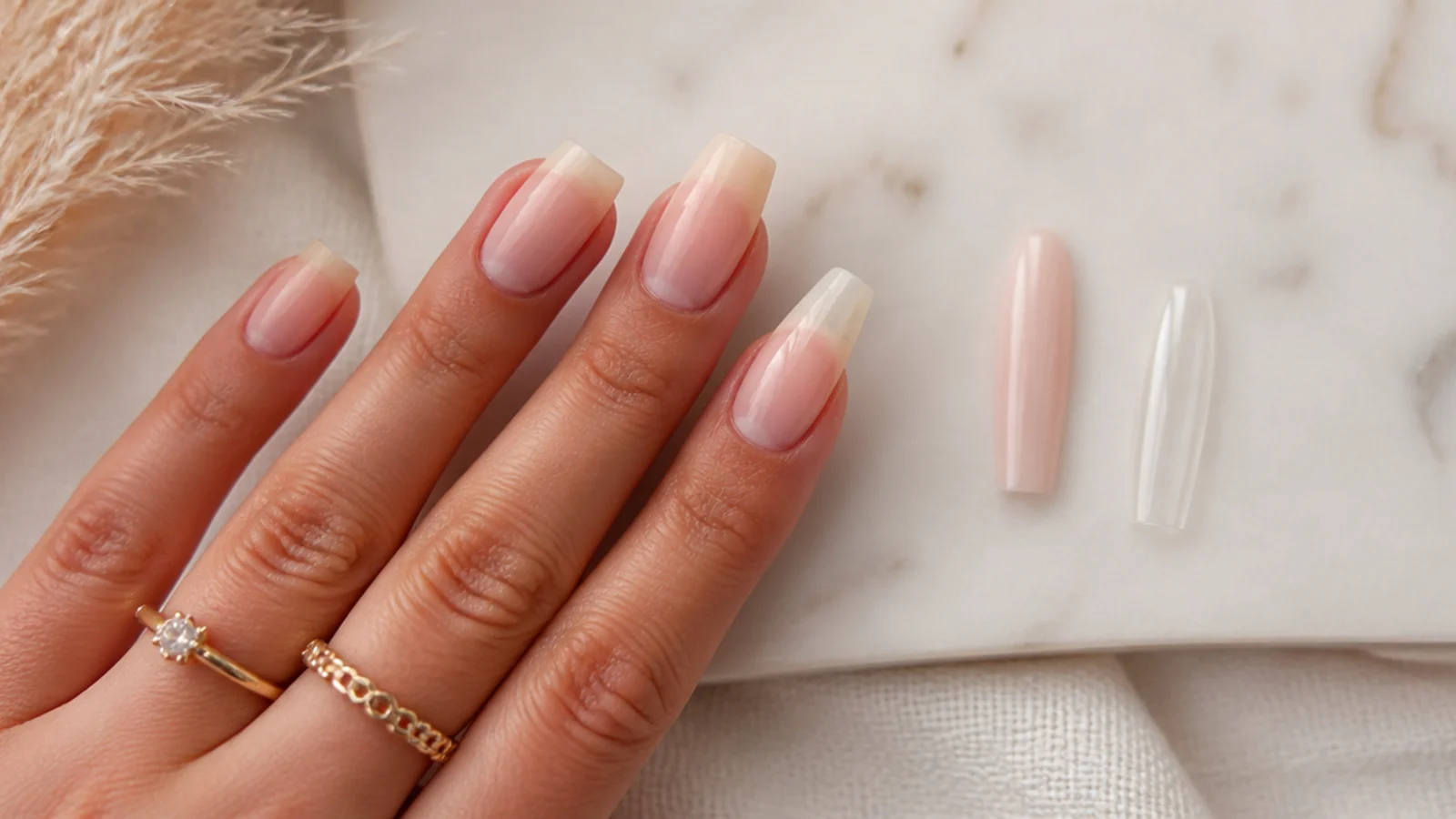A natural coffin nail beside an acrylic coffin extension and a press-on coffin tip