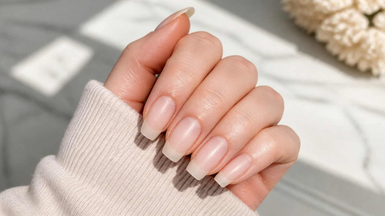 Bare nails with polish removed and cuticles pushed back before coffin shaping