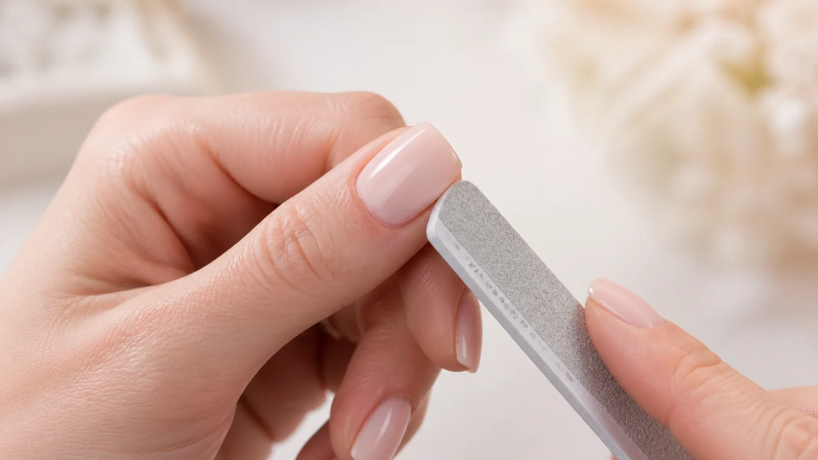 A 180 grit file tapering one sidewall of a squared nail inward toward the flat tip