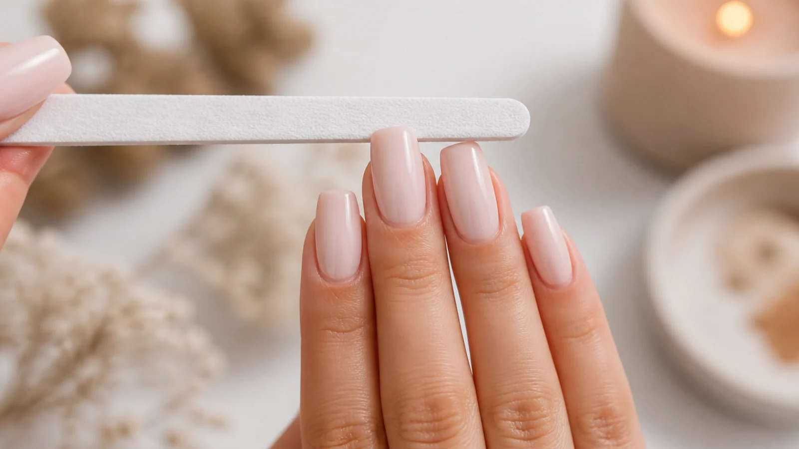 A file held flat across the tip of a coffin nail to remove any curve from the edge