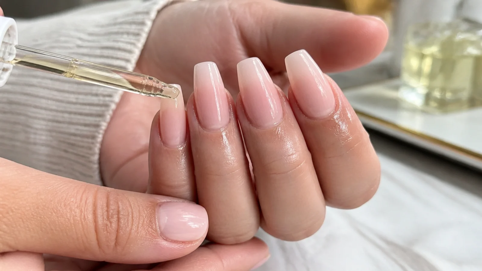 Cuticle oil being massaged into freshly shaped coffin nails with smooth sealed edges