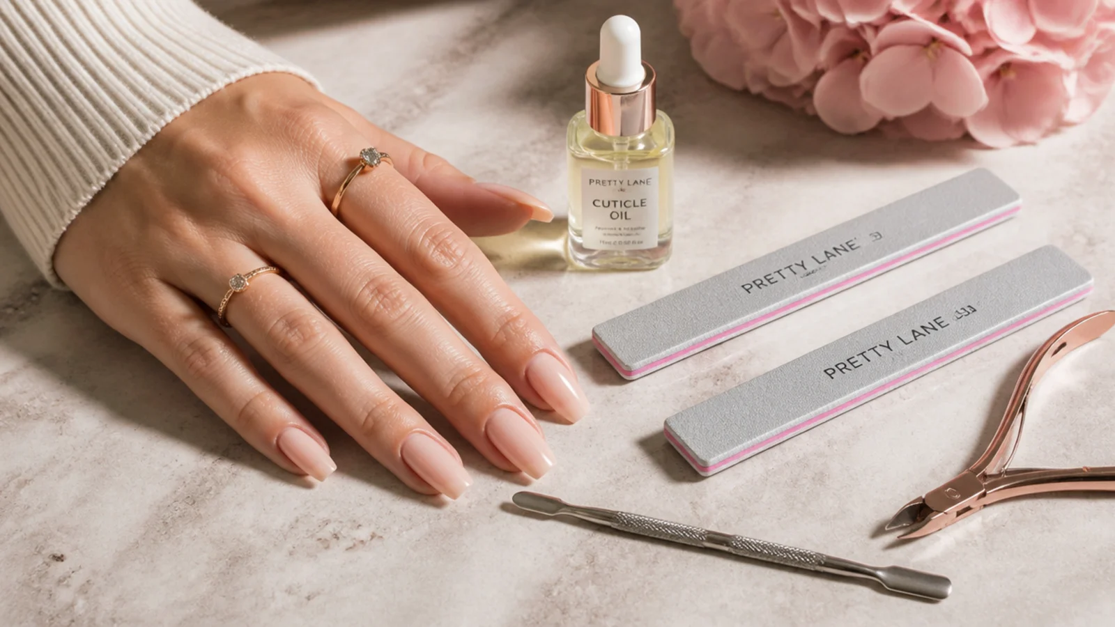 Coffin nail shaping tools laid out with 180 grit and 240 grit files and cuticle oil