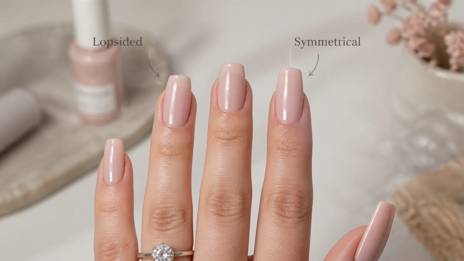 Close up of a lopsided coffin nail beside a corrected symmetrical coffin shape