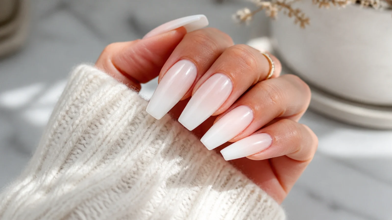Milky white long coffin nails with a soft translucent finish on extensions