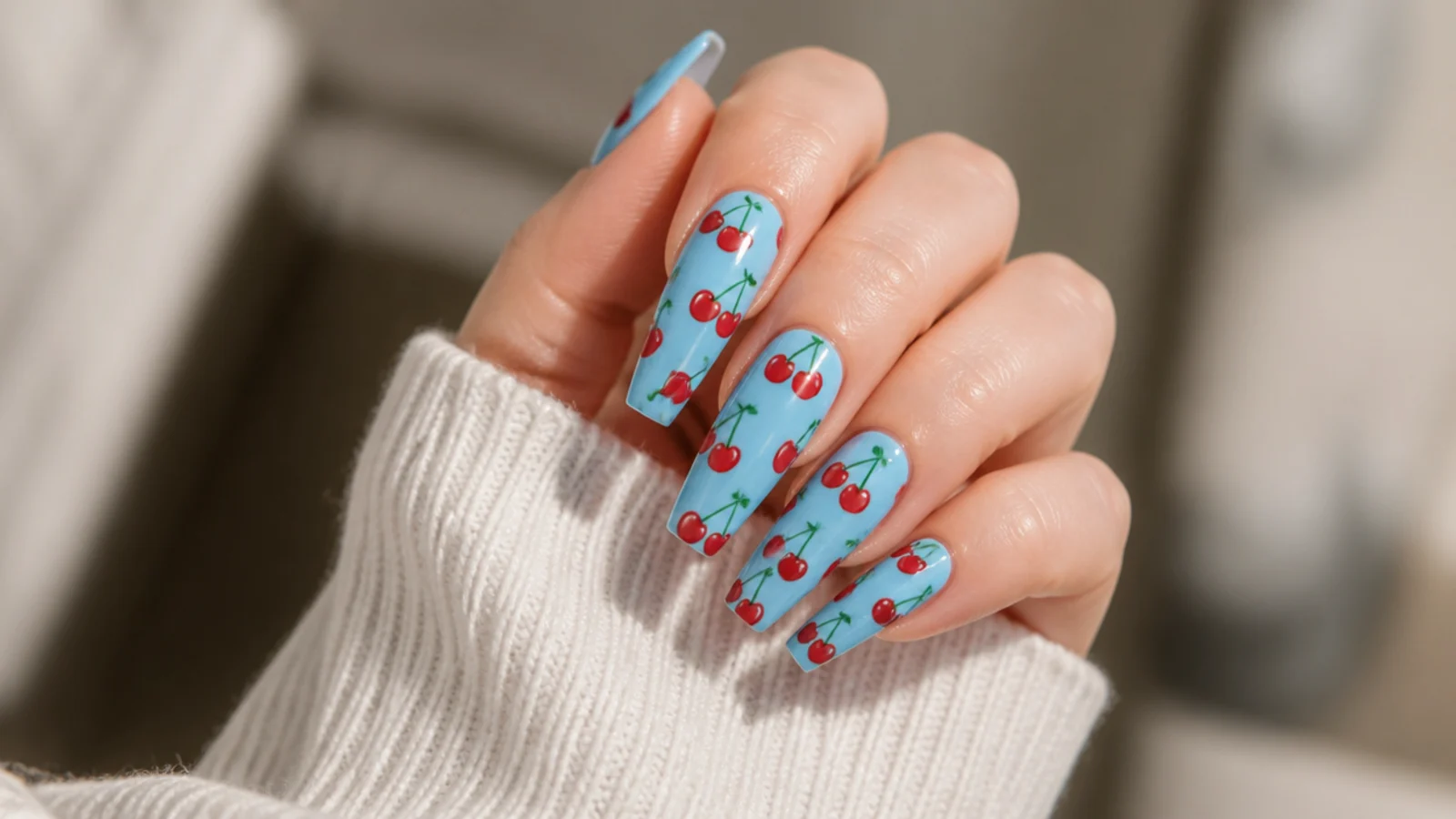 Long red coffin nails in a blue-based cherry gloss with a flat tapered tip
