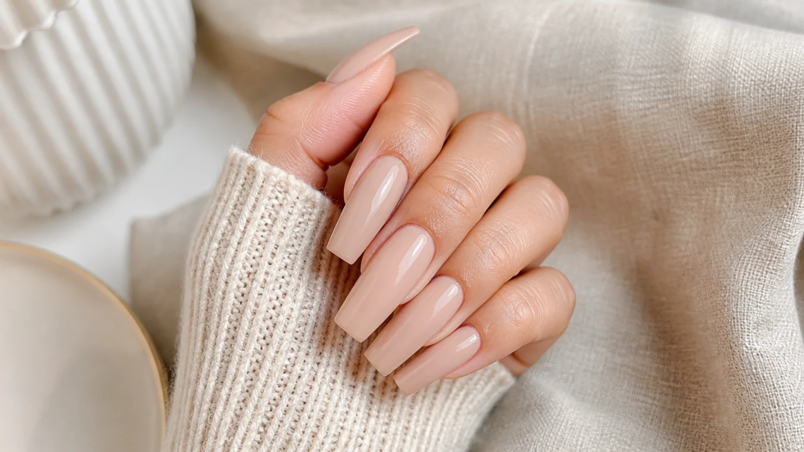Long nude coffin nails in a warm beige gloss on tapered acrylic extensions