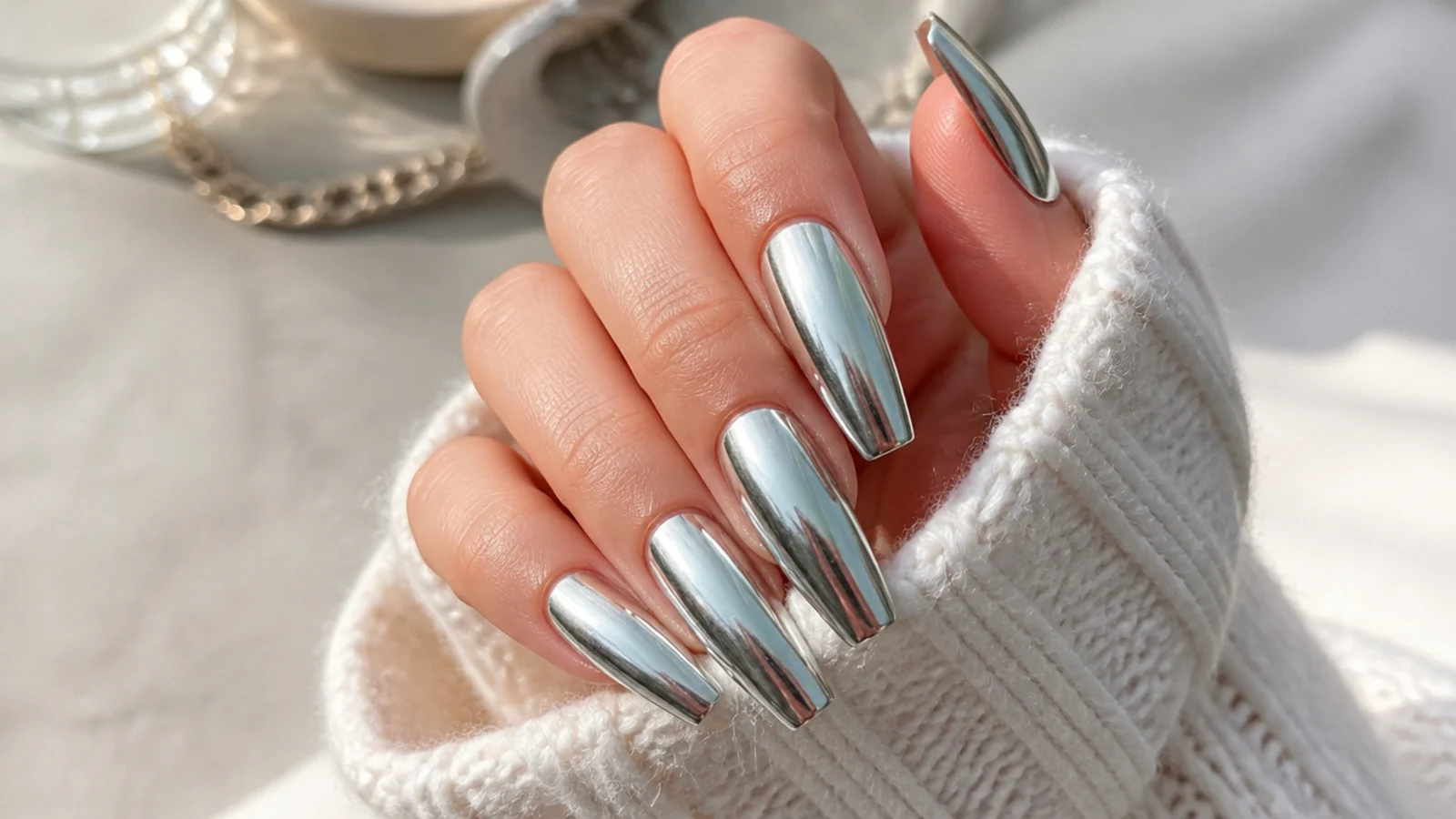 Long silver chrome coffin nails reflecting light like polished metal