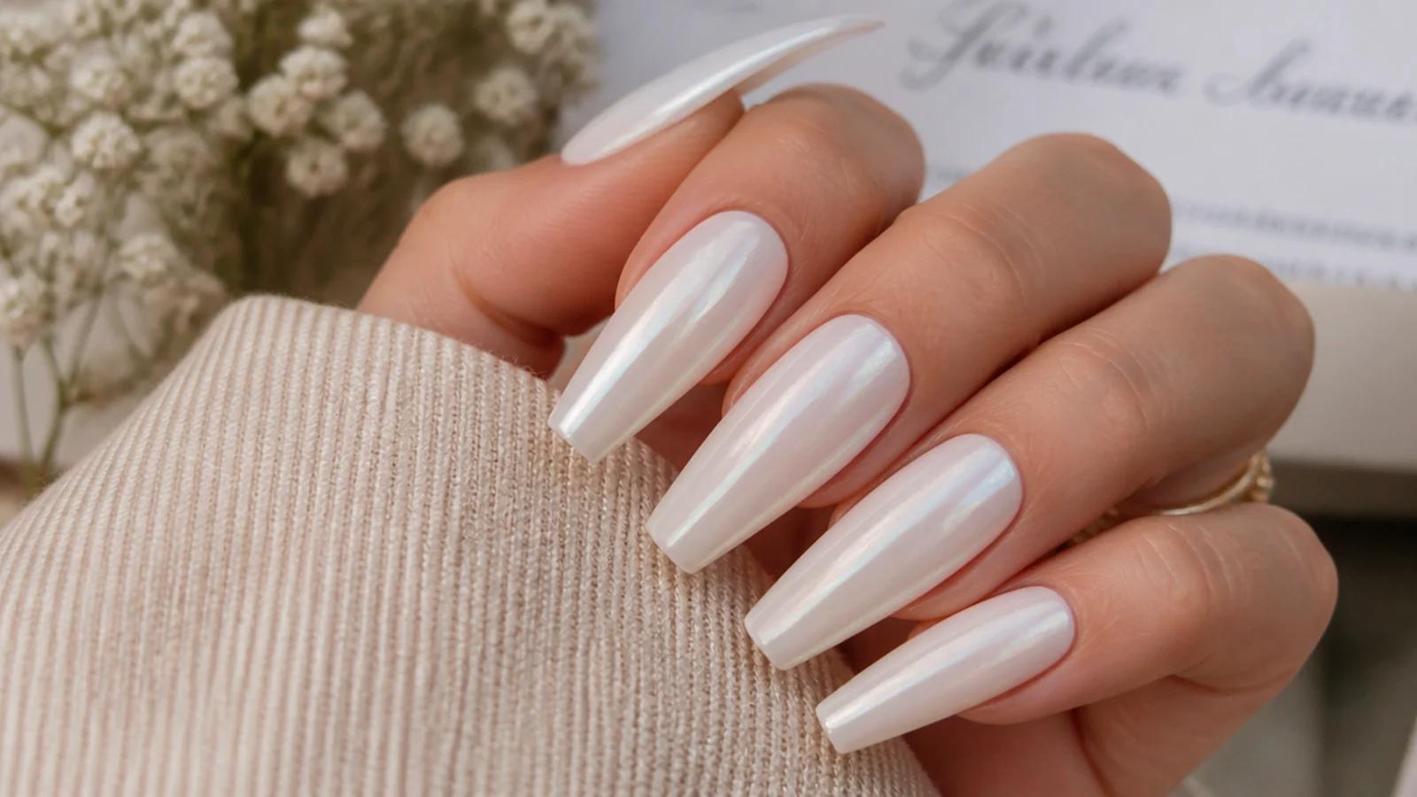 Long coffin nails with a soft pearl chrome glaze over a milky white base