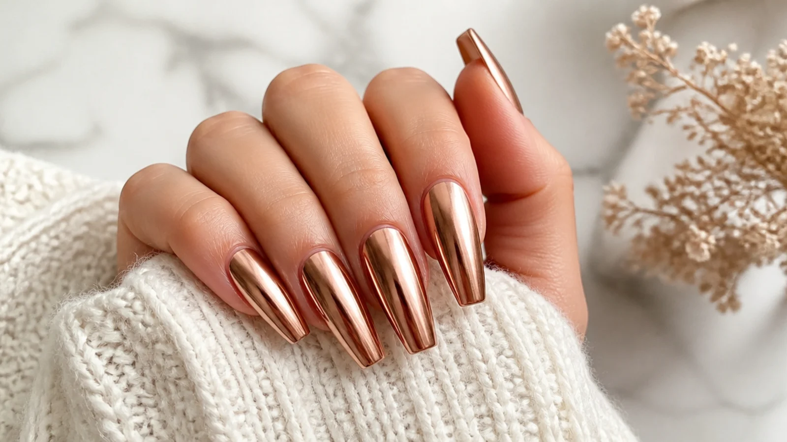 Long coffin nails in warm rose gold chrome with a mirror metallic sheen