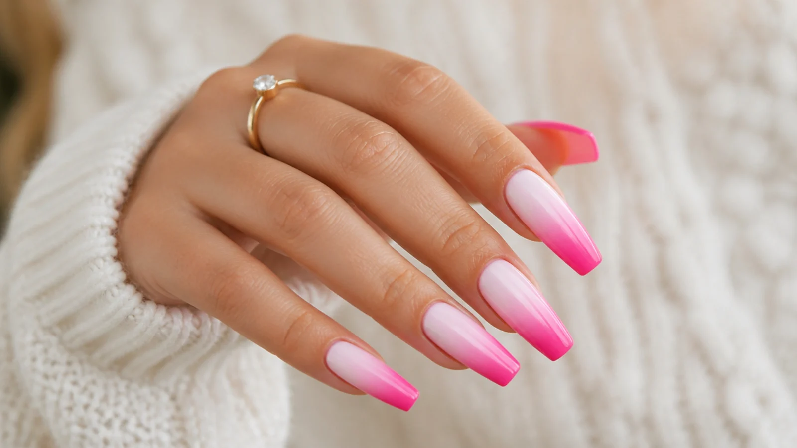 Long coffin nails fading from white at the cuticle to hot pink at the flat tip